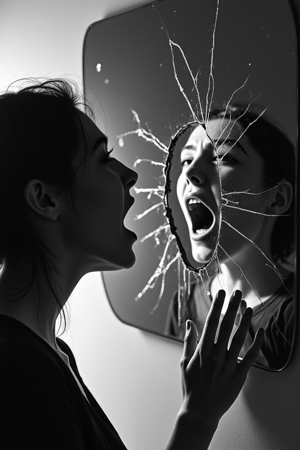 AI generated image by FLUX.1-image-to-image:  a black and white photo of a woman touching a shattered mirror, with a hole and cracks radiating from the reflection of her screaming mouth. Dramatic low-key lighting. Backlight. 
