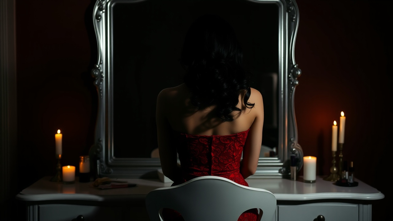 AI generated image by FLUX.1-schnell: A beautiful woman in a strapless, sleeveless red lace dress sits at a white dressing table, surrounded by softly flickering candles and elegant cosmetics. Her back faces the camera, her voluminous black hair styled in large, loose curls that cascade down to the middle of her back. The room is heavily shadowed, creating a strong contrast that renders her figure as a dark, dramatic silhouette. The background wall behind the silver-framed mirror is a deep, solid color, intensifying the dim, moody atmosphere. The low lighting allows only her silhouette to emerge, with subtle highlights from the candlelight accentuating the outline of her form, adding a sense of mystery and elegance.