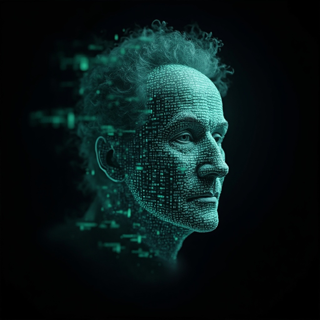 AI generated image by FLUX-Realism-Lora: Richard Feynman's face as a digital mask made from thousands of bright turquoise numbers and formulas forming his face. The formulas and numbers fly behind the mask leaving a trail of complexity. The mask is floating dynamically in mid air. His head is turned to the right but his eyes are looking directly into the camera. The mask is on a black background. Like a png with black only background. Photo realistic, sci-fy