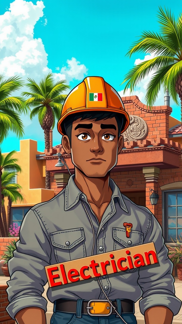 AI generated image by FLUX.1-schnell: Create an anime-style electrician, a handsome, stocky man with dark skin and prominent facial features, with a strong jaw and piercing brown eyes, wearing a bright orange hard hat adorned with a small Mexican flag pin, a worn denim shirt with rolled-up sleeves, and faded jeans, standing in front of a vibrant, moderately modern brick and cement slab house with a one- and two-story facade, adorned with colorful tiles and intricate stone carvings typical of Mexican architecture, against a backdrop of warm, sun-bleached adobe buildings and clusters of lush green palm trees under a cloudless turquoise sky, with electrical wires and tools scattered around him, and an aesthetic sign with vinyl letters, that reads "Electrician" in bold red letters.