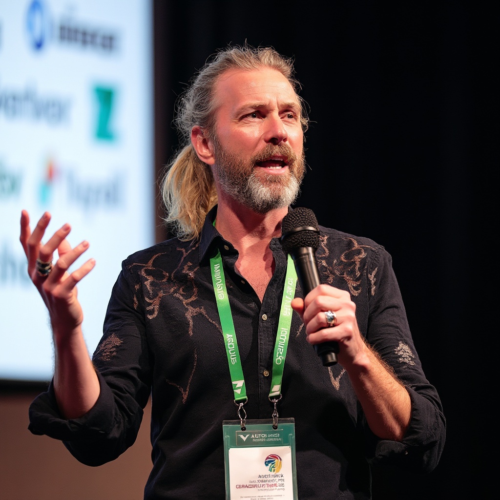 AI generated image by FLUX-Realism-Lora: A charismatic speaker is captured mid-speech. He has long, slightly wavy blonde hair tied back in a ponytail. His expressive face, adorned with a salt-and-pepper beard and mustache, is animated as he gestures with his left hand, displaying a large ring on his pinky finger. He is holding a black microphone in his right hand, speaking passionately. The man is wearing a dark, textured shirt with unique, slightly shimmering patterns, and a green lanyard with multiple badges and logos hanging around his neck. The lanyard features the "Autodesk" and "V-Ray" logos prominently. Behind him, there is a blurred background with a white banner containing logos and text, indicating a professional or conference setting. The overall scene is vibrant and dynamic, capturing the energy of a live presentation.