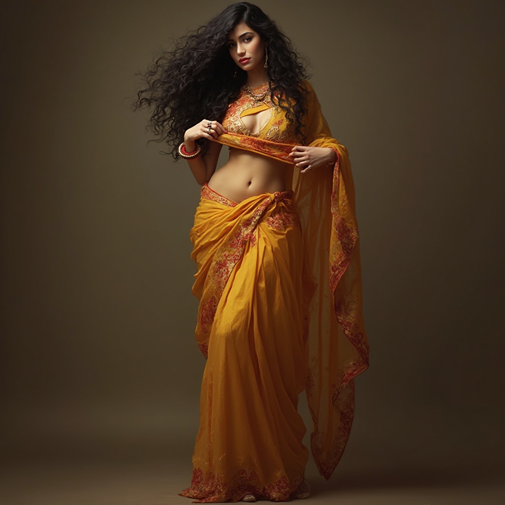 AI generated image by FLUX-Realism-Lora: beautiful indian girl, dressed in a sari, untying her blouse, sexy, navel, long black hair, curly, tall, heels