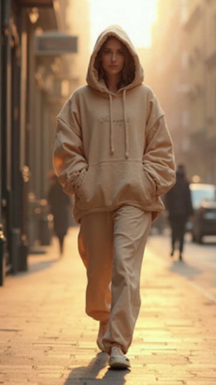 AI generated image by FLUX-Realism-Lora: Animate a fashionable women's oversized hoodie designed for a fall/winter streetwear collection. The animation should show a woman wearing the hoodie in an urban street setting, walking confidently down the sidewalk. The hoodie, in a warm neutral tone, gently sways with her movements, emphasizing the relaxed fit and oversized design. The large hood is slightly adjusted by the model as she walks, and the minimalist logo on the chest catches the light subtly as she turns. The model should pause mid-walk, looking off to the side with a casual, stylish demeanor, showcasing the hoodie's soft texture and the ribbed cuffs and hem. The scene is set during a late afternoon with golden hour lighting, casting soft shadows on the fabric. The overall mood is effortlessly chic and modern, with fluid, natural movement.