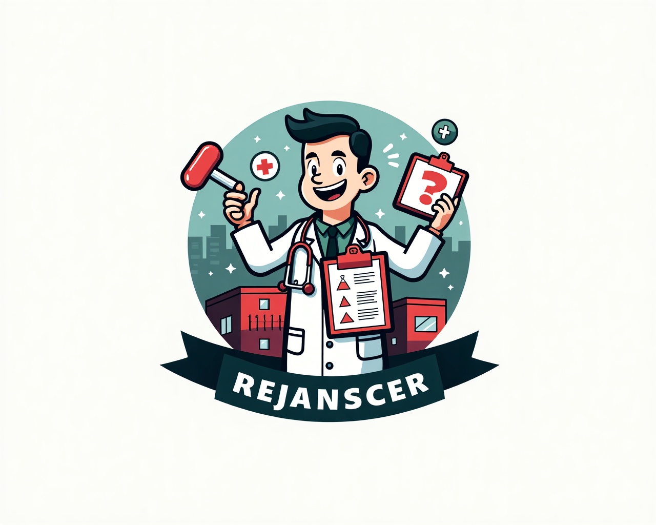 AI generated image by FLUX.1: A humorous, stylized logo for a group called “Диспансер”. A funny medical-themed emblem: a slightly chaotic but friendly clinic building with exaggerated cartoon style. A smiling doctor holding a giant clipboard, a stethoscope shaped like a question mark, and playful medical symbols (pills, bandage, cross) floating around. The vibe is military-medical humor, slightly ironic but not dark. Bold composition, meme-style, clean vector illustration, high contrast, flat design with subtle 3D shading. Text “Диспансер” integrated into the logo in a strong stencil or military-style font. Colors: white, red, medical green, dark blue. Background minimal, badge-like emblem, perfect for group avatar. Highly recognizable, funny, and slightly absurd.
