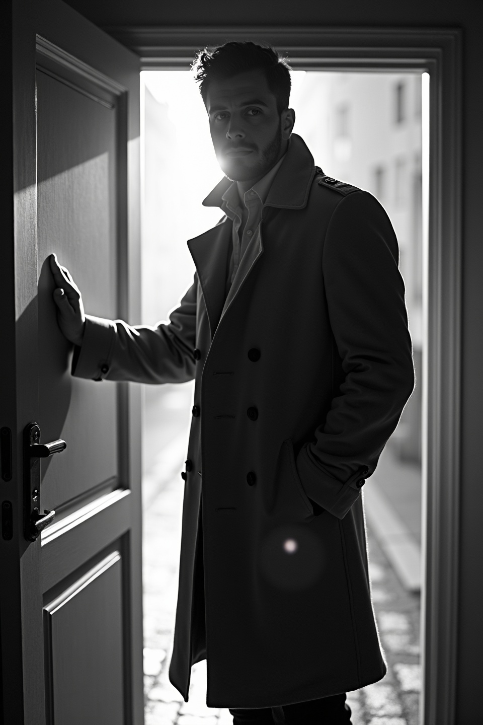 AI generated image by FLUX.1-image-to-image: black-and-white photo with the backlit dark silhouette of a handsome broad-shouldered man in a trench coat standing in a doorway coming and looking to camera. 
The man touching the door, as if he just entered the room. God rays. Backlight. Overexposed street background 