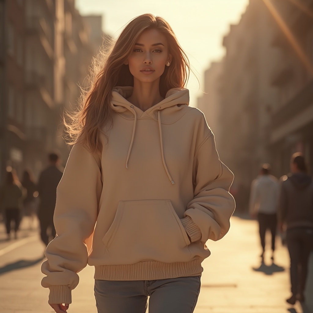 AI generated image by FLUX-Realism-Lora: Animate a woman wearing an oversized hoodie in an urban street setting. The hoodie, in a warm neutral tone, sways naturally with her movements as she walks confidently. The minimalist logo on the chest catches light subtly as she turns.
She adjusts the hood slightly, showcasing its soft texture. The scene is set in the late afternoon with warm lighting. The vibe is casual and modern, highlighting the hoodie's relaxed fit, soft fabric, and ribbed details.