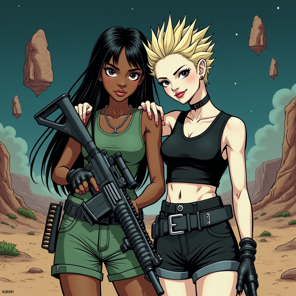 AI generated image by FLUX.1: Create an image of two girls: the first girl has dark skin, a serious expression, long straight black hair, and is dressed in green hip-hop clothing. She is holding an assault rifle and a belt of ammunition. The second girl is white, smiling, with short blonde spiky hair, dressed in goth attire, and wearing heavy mascara. The blonde girl is resting her arm on the first girl's shoulder. Both are wearing shorts. In the background, depict a fantasy desert with floating rocks at night, all in a Western comic book style.