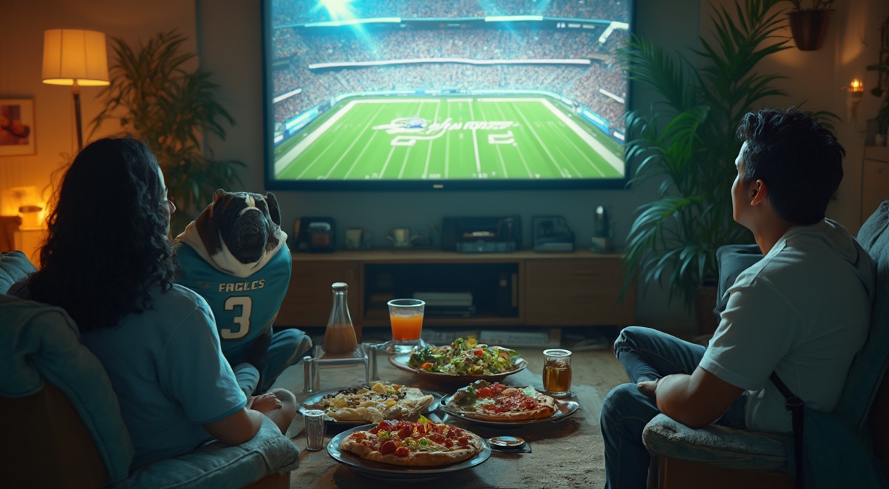 AI generated image by FLUX-Realism-Lora: a beautiful  and realistic  full panoramic image of  a 40 year old white latin woman with medium long black hair dressed in jeans, a  baby blue overshirt and a 40 year old man dressed in jeans and an eagles jersey, a black and white pitbull dog dressed in an eagles dog jersey, and a 25 year old  man with wavy dark hair,  they are all sitting down in the livingroom watching superbowl 2025 on the big screen enjoying  iced drinks, veggies and dip, chips, hamburguers, green salad, pizza, sandwiches and hotdogs, with a sign that says "Superbowl 2025" on tv