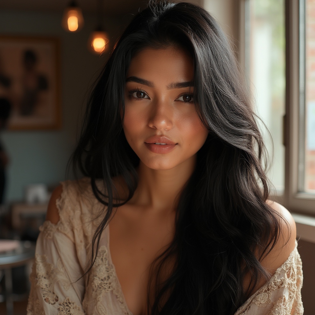AI generated image by FLUX-Realism-Lora: A radiant Indian actress with her long silky smooth black hair glistening in sunlight sitting in a casual salon, highly detailed 