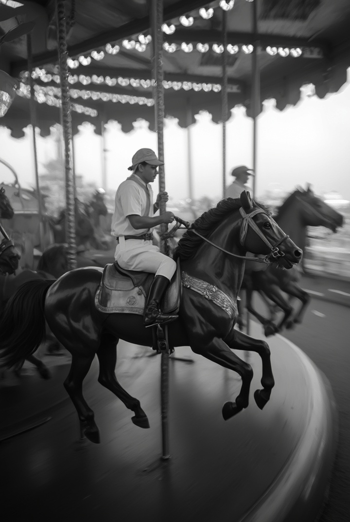 AI generated image by FLUX-Realism-Lora: A closeup black and white photo of jockeys riding carousel. The race contest is very intense and dramatic. Depth of field. Motion blur. Backlight 