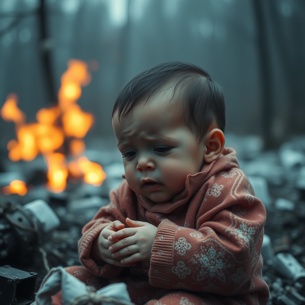 AI generated image by FLUX.1-schnell: imagen de un niño en chernobyl llorando