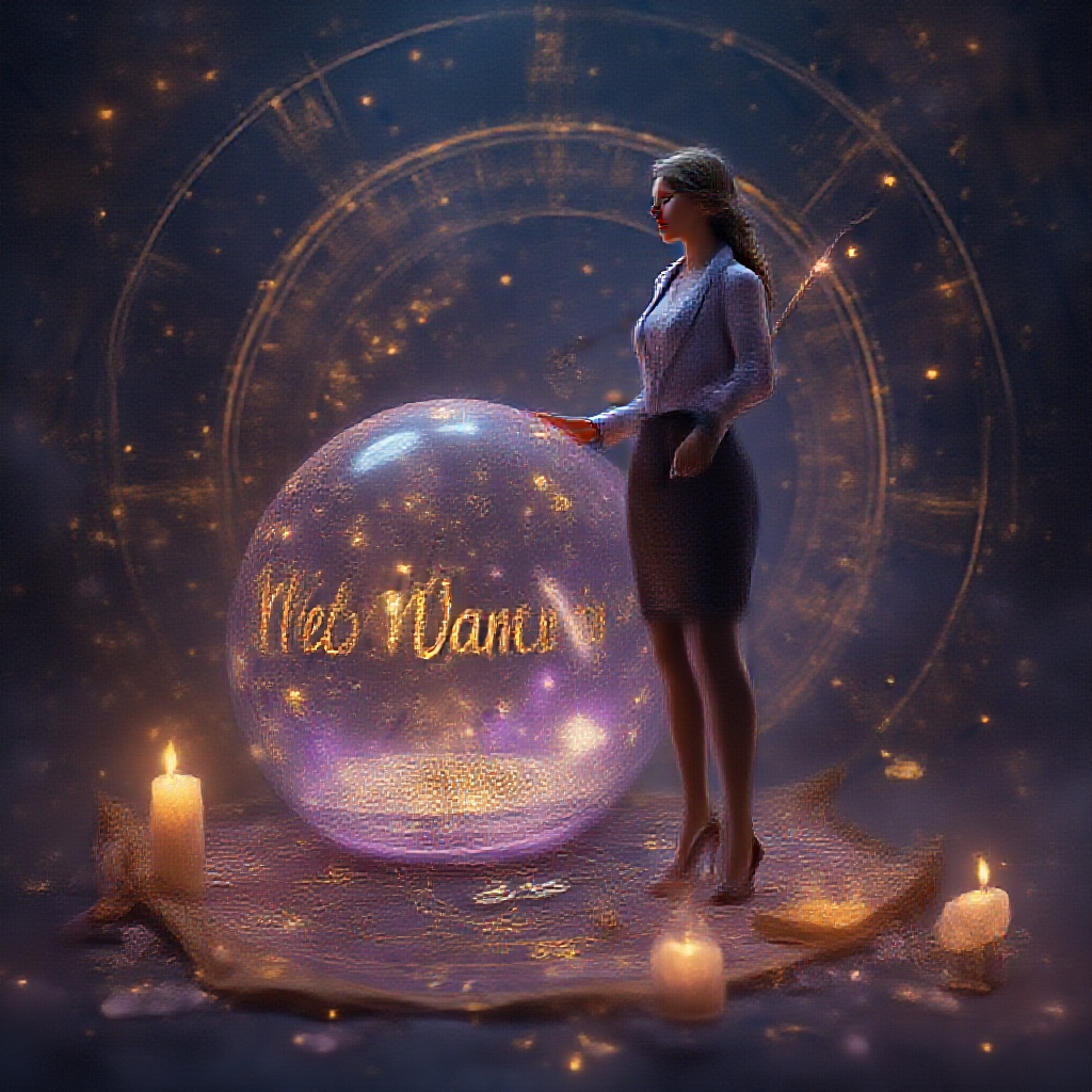 AI generated image by FLUX.1-pro: "Create a 3D realistic, ultra-HD, ultra-sharp image of a mystical and enchanting numerology scene. The background is a dark, starry night sky with glowing constellations and shimmering stars. In the center, a large crystal ball floats, glowing with an ethereal light and showing a business name (e.g., 'Lucky Business Name Calculator') and swirling numbers inside. A beautiful and confident businesswoman stands near the crystal ball, dressed in a modern yet elegant outfit (e.g., a tailored blazer, pencil skirt, and heels). She is reaching out toward the crystal ball with one hand, as if interacting with its magical energy, while her other hand holds a quill pen, magically writing a business name on an ancient scroll that floats nearby. The scroll glows faintly, and numbers appear magically as the quill writes. The website name Astroscopefuture.com appears as a glowing, golden inscription on the ancient scroll, written in elegant, cursive letters. A glowing, translucent Chaldean numerology chart hovers in the background, and tarot cards (The Tower, The Sun, The Star) float around the crystal ball, each glowing faintly. Numbers (1-9) float around the scene, glowing in different colors, and tiny particles of magic dust add a mystical atmosphere. A few candles with golden flames and crystals (e.g., amethyst, quartz) are scattered around, glowing faintly. The color palette is deep purple, gold, and black with glowing accents. The overall mood is mystical, enchanting, and spiritual, with soft, magical lighting and realistic textures."