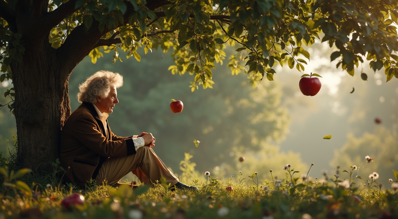 AI generated image by FLUX.1-pro: Newton is sitting under a tree. An apple fell from a tree onto Newton's head. The frame at the moment of contact of the apple with Newton's head
