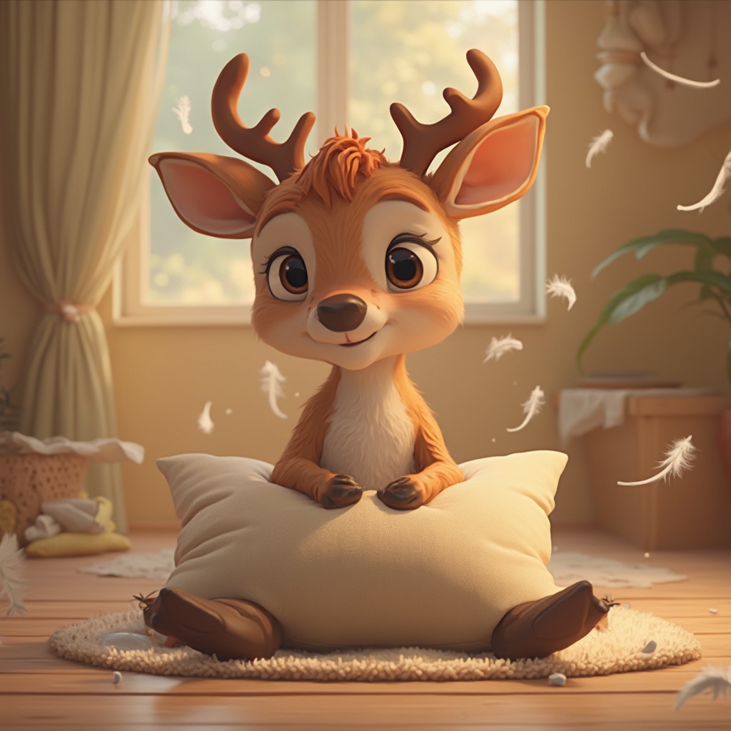 AI generated image by FLUX-Realism-Lora: a cute little deer sewing a pillow with feathers flying around and sitting on the floor with flippers on his feet , as if created by walt disney for kids , 3d