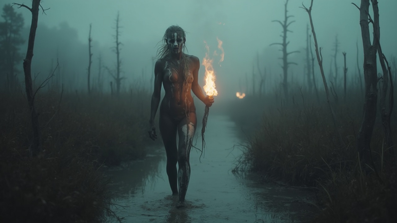 AI generated image by FLUX-Realism-Lora: Photography of a woman with a crazy expression on her face walking in a foggy swamp, in a cloudy day, dead trees and dark long tall grass, mud and water around her. She has a slim body painted with black charcoal and white paint in a tribal way, she is holding a fire torch that lights up her face with warm light and is walking scared and alert to her surroundings. Photo realistic, real photography. Movie frame.
