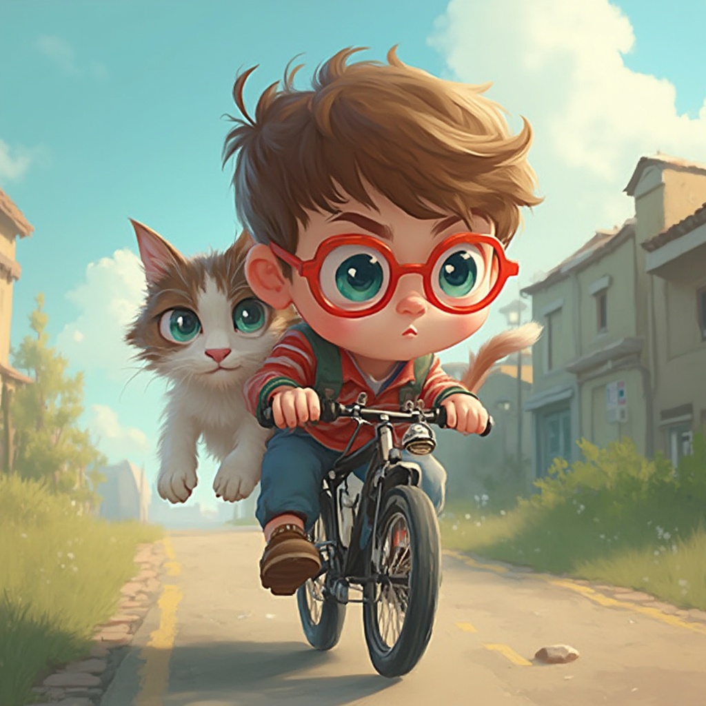 AI generated image by FLUX-Realism-Lora: a boy with red glasses and blue eye and brown hair riding a bicycle withe a cat
