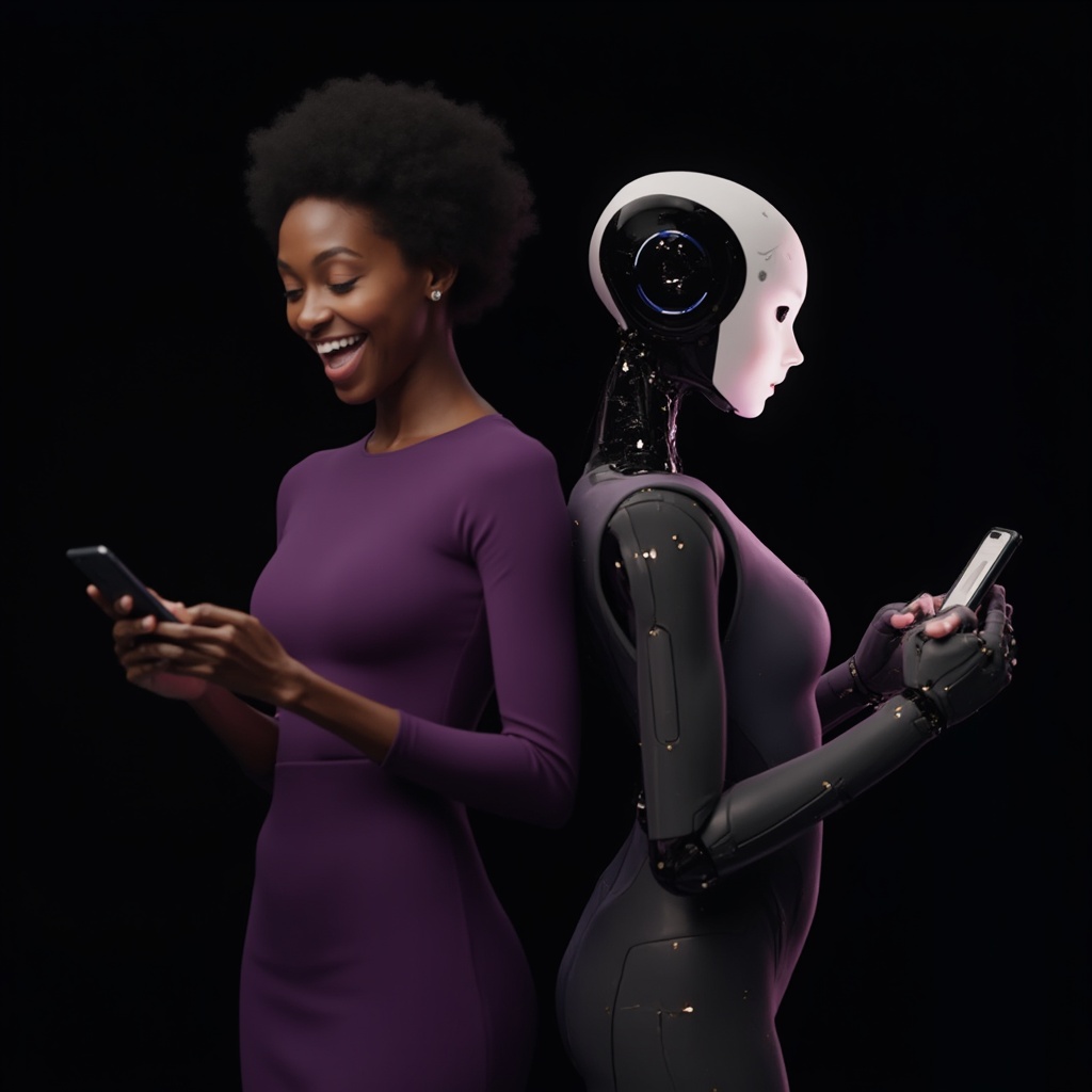 AI generated image by FLUX-Realism-Lora: A photorealistic scene of a 30-year-old Black woman with deep brown skin, wearing an elegant purple dress, standing excitedly while shopping on her phone. Her eyes are wide open, expressing joy and excitement as she discovers something amazing on her screen. Her hair is styled in a way that makes it clearly visible against the dark background. Behind her, back to back, stands a highly realistic humanoid female robot with a sleek and futuristic design, featuring subtle glowing elements that emphasize her advanced AI companion aesthetic. The robot is actively assisting the woman, holding a phone in her hands as she responds to the shopping inquiries. The background is minimalistic and dark, blending smoothly with a black backdrop to ensure seamless integration. The lighting is soft yet highlights both figures, creating depth and realism. The image captures the dynamic process of shopping, emphasizing their companionship and the technology-driven experience.