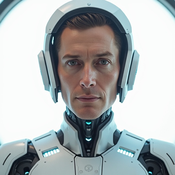 AI generated image by FLUX.1-image-to-image: A photorealistic sci-fi portrait of a starship captain with a humanoid robotic body and the exact head from the provided image. The captain's face is highly detailed, preserving natural skin texture, realistic lighting, and subtle facial expressions. His head is seamlessly integrated onto a futuristic android body, made of a sleek metallic exoskeleton with high-tech joints, glowing blue circuits, and mechanical plating. The robotic body has a strong, commanding posture, with shoulders broad and a chest panel featuring subtle engraved insignia of a galactic fleet.

The captain is standing inside a high-tech starship bridge, surrounded by glowing control panels, holographic displays, and an expansive window showing deep space with stars and planets in the distance. The lighting is a mix of cool blue and soft white ambient reflections, emphasizing the futuristic aesthetic.

The composition is highly cinematic, with sharp details, dramatic contrast, and a sense of leadership and authority. The captain’s uniform integrates both robotic plating and subtle fabric elements, making it a hybrid of advanced machinery and human design. The overall mood is epic and powerful, capturing the essence of a legendary space commander.

The final image should be ultra-realistic, highly detailed, and immersive, ensuring the perfect fusion of human and machine in a cutting-edge sci-fi universe