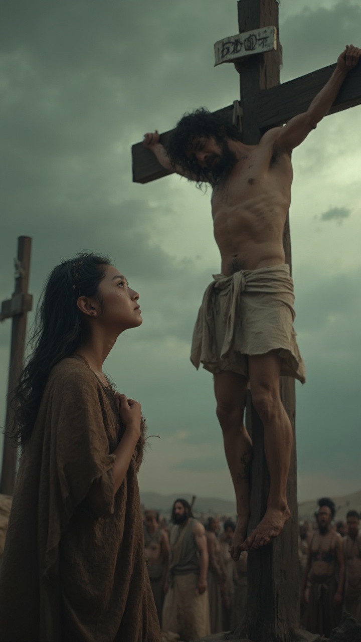 AI generated image by FLUX-Realism-Lora: A somber, atmospheric scene set against a stormy sky, depicting the crucifixion of Jesus in a hyper-realistic, cinematic style. Jesus, one of the two men on the crosses, appears visibly pained and sorrowful, with precise details capturing the agony in his face and body. His figure is thin and frail, marked by wounds on his hands, feet, and side, and he is dressed in a simple cloth wrapped around his waist. The muscles of his body are tense, his head slightly lowered, with a crown of thorns resting upon his brow, adding an unmistakable layer of suffering. The scene is viewed from a low-angle close-up shot, emphasizing the scale of the crosses and the heaviness of the moment, shot in ultra-high-definition, with IMAX-quality detail and extreme photorealism.

In the foreground stands a young girl, about 12 years old, replacing the woman from the original image. She gazes up at Jesus with an expression of deep sorrow and loss, her eyes welling up with emotion as she clutches her hand over her heart, evoking a raw, innocent grief. Her face is framed by loose dark hair, and she wears a simple, flowing robe in muted earth tones, blending seamlessly with the desolate landscape. The camera gradually zooms in on her face, capturing the depth of her sadness, as dark clouds churn in the sky above, casting dramatic shadows across the scene. In the background, a small crowd of somber onlookers, clad in period-appropriate robes, watches silently, adding to the gravity of the event. The lighting is muted, with shafts of diffused sunlight breaking through the clouds, illuminating Jesus and casting the girl in soft, tragic radiance. The entire shot is ultra-smooth, with cinematic crispness, hyper-detailed, and award-winning cinematography techniques, evoking a deep, emotional response.