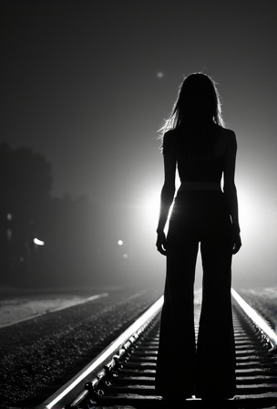 AI generated image by FLUX.1-image-to-image: A black-and-white central compositioned closeup photo at night. The silhouette of a woman's wide spreaded legs stands with her back to the camera on railroad tracks, facing the background. A train spotlight from the background shines between her legs. dramatic backlit lighting