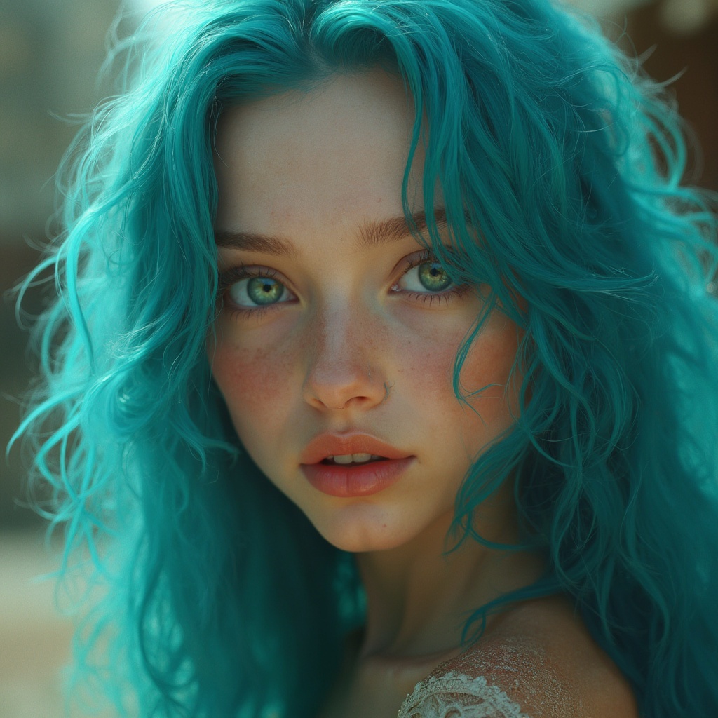 AI generated image by FLUX-Realism-Lora: The cute guy with mossy green eyes and long bright blue hair and fair skin, Gergeous, HD, he looked handsome and The guy with mossy green eyes and long bright blue hair and fair skin, Gergeous, HD