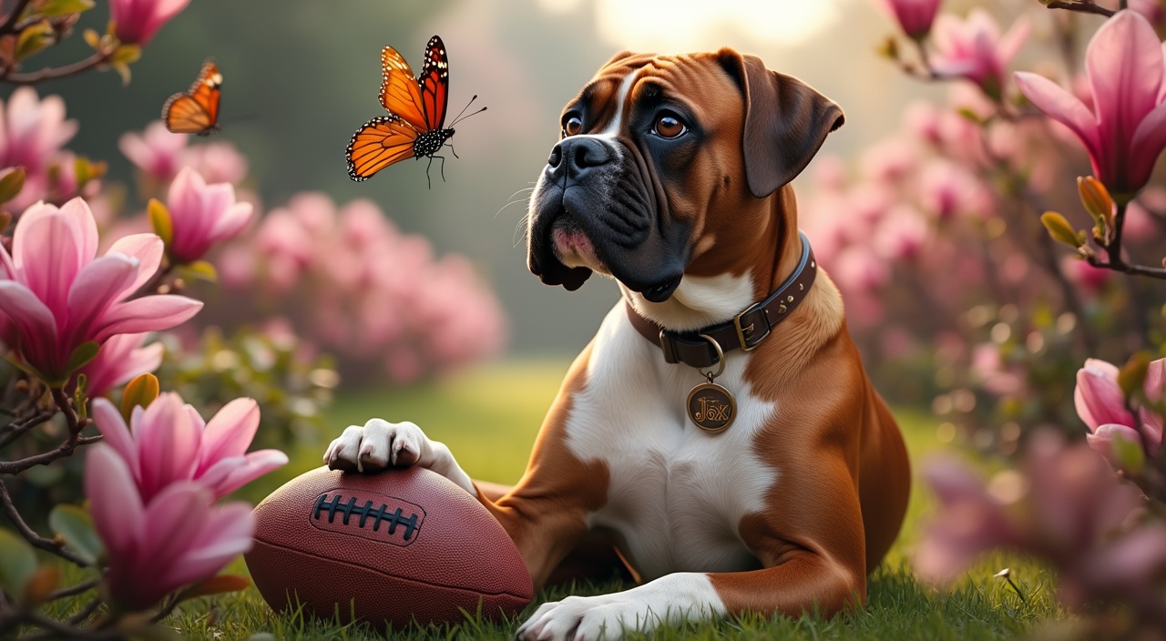 AI generated image by FLUX.1-pro: A beautiful full body image of a brown boxer dog with  Ajax written on it's dog tag hanging from it's collar, he is all brown with a white chest and white front paws , he sits happy in a pink magnolia flower  garden with  butterflies flying and a detailed american football under it's front paw, surrounded by beautiful flowers, bushes, trees and greenery just curiously looking at the butterfly.







