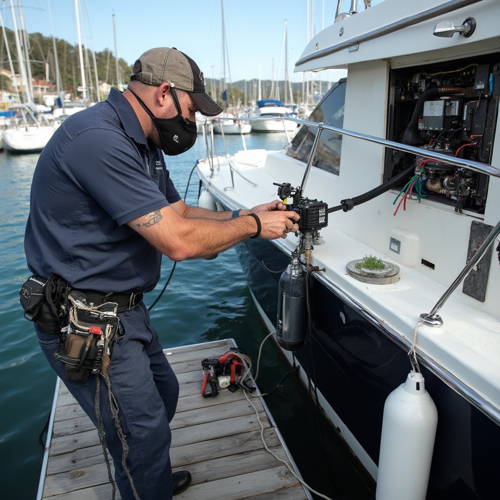 AI generated image by FLUX-Realism-Lora: A marine electrician responding quickly to an electrical issue on a boat docked at a marina, with tools and equipment ready for immediate repairs