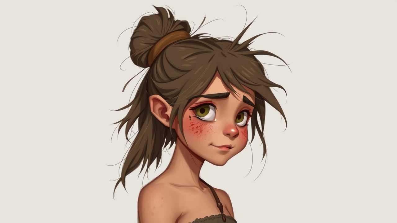 AI generated image by FLUX.1-schnell: 2D illustration, A young cave girl with wild, unkempt hair tied into a messy bun