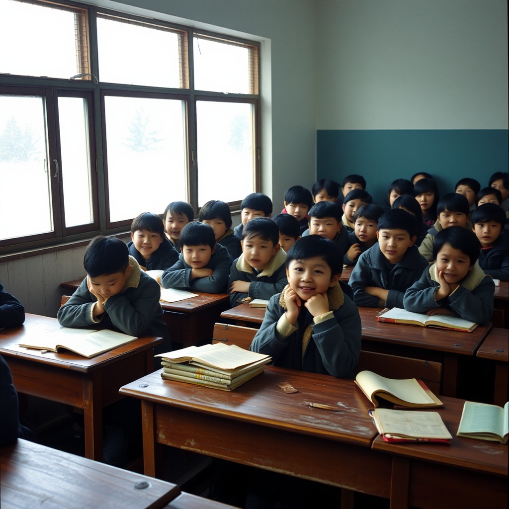 AI generated image by FLUX.1-schnell: The Classroom of Old Days, 2000s, Asia, winter. Frosted windows frame wooden desks, ink stains and worn textbooks. Clusters of children in layered uniforms, laughter mingling with whispers of warmth. The scent of hot tea from thermoses fills the chilly air, echoing friendship and nostalgia.