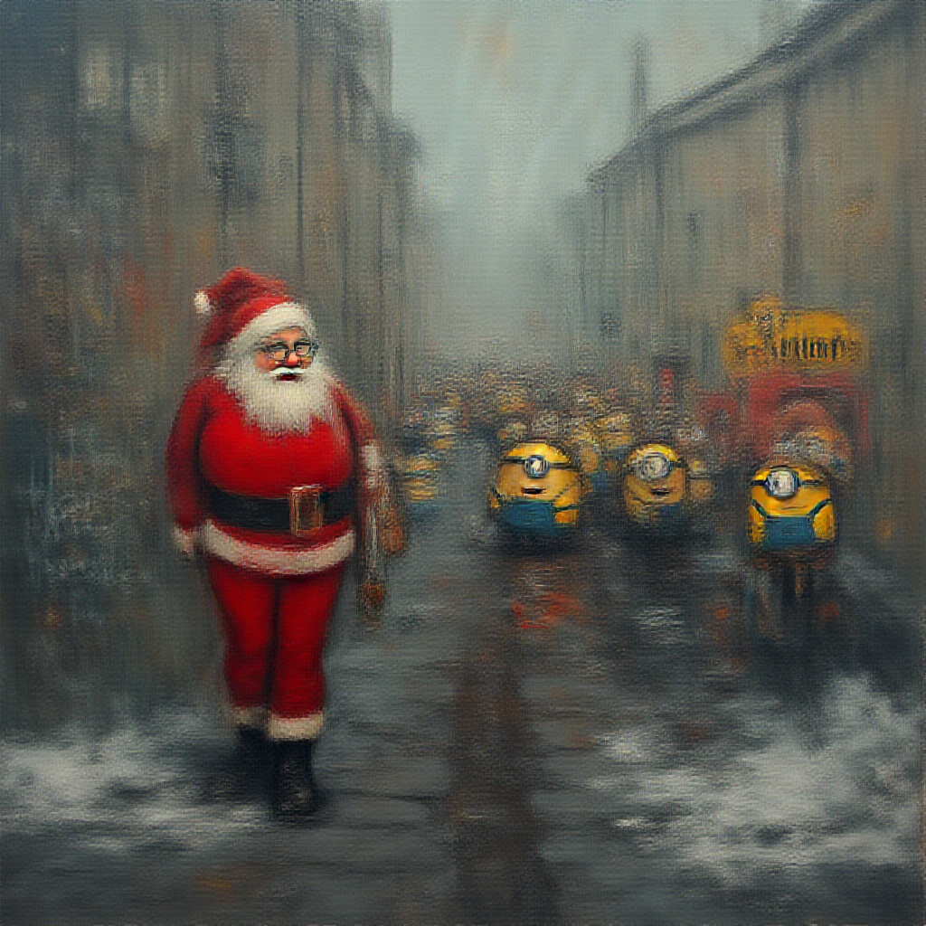 AI generated image by FLUX.1-pro: raw photo, (photo portrait of a girl, stands on the street of gryaznoye city district), graffiti on the walls, (a drunk santa klaus with a bottle of whiskey creeps up behind), (cartoon minions frolic cheerfully on the roadway), high quality, high detail, ultra quality, ultra detailed, photo, realistic