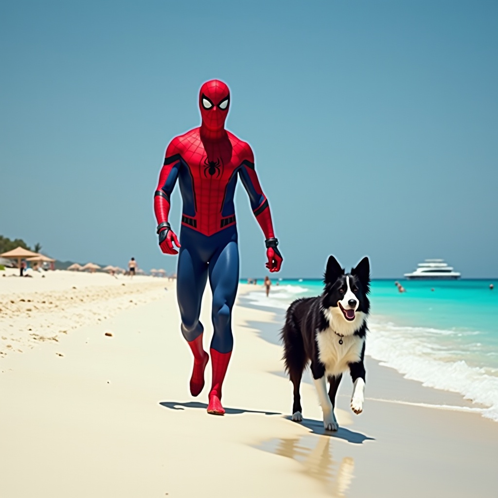 AI generated image by FLUX.1: image de spiderman qui promène en laisse un border collie noir et blanc sur une plage paradisiaque