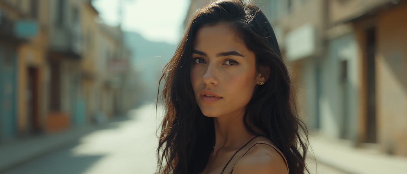 AI generated image by FLUX-Realism-Lora: portrait of a woman , 23 anos,  long, smooth dark hair , Brazilian style, full body, fitness, Name Aila Sousa, Cinema raw cru, 16mm, graduated color film Portra 400, remarkable color , Textured Skin, Remarkable detailed pupils,  realistic matte skin noise ,  visible skin detail , fur, pele seca, scene shot with a motion picture camera. She must wear a tank top, Wear jeans and must be in an empty street environment.