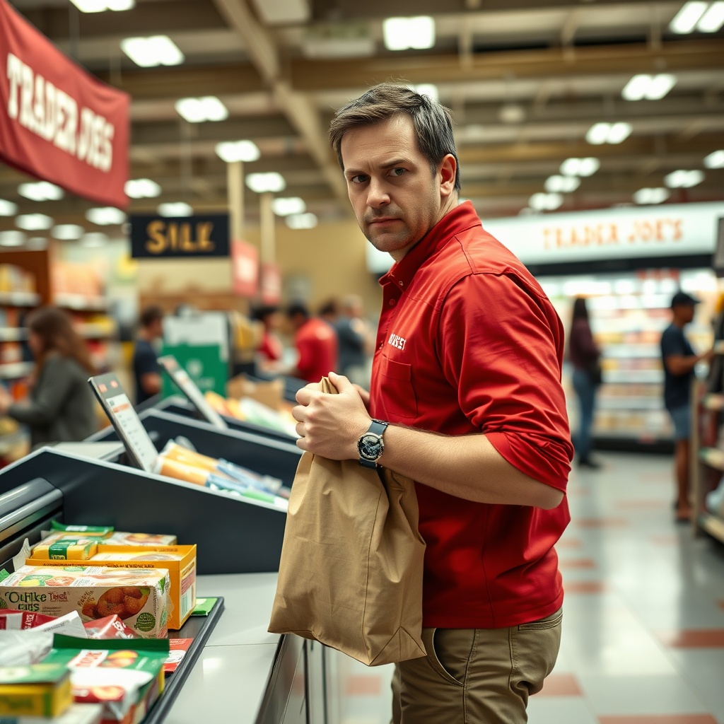 AI generated image by FLUX.1-schnell: "Alex Ambrose, dressed in his red Trader Joe’s uniform and khaki pants, standing at the checkout counter while packing a small delivery bag. The background shows the bustling Trader Joe’s store, and Alex looks slightly frustrated."
Camera Angle: Side view.