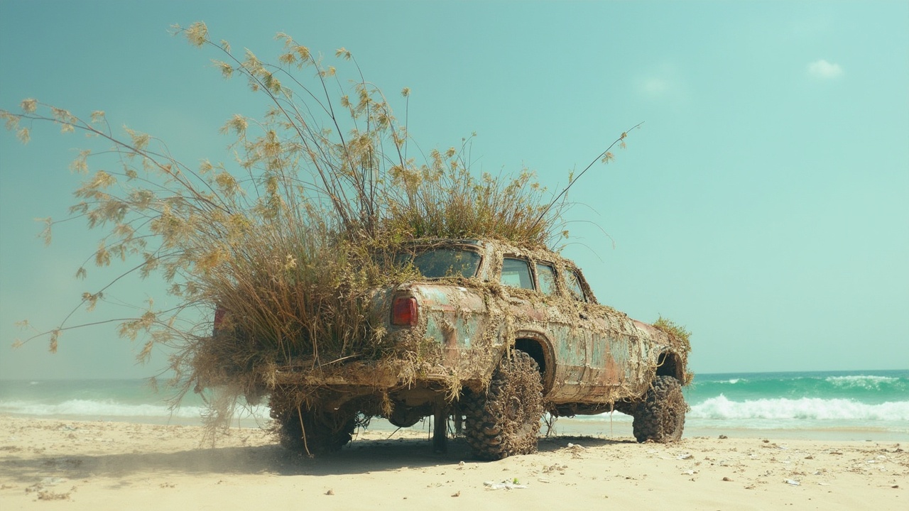 AI generated image by FLUX-Realism-Lora: Extraterrestre humanoide lavando carro un carro y de fondo una hermosa playa con palmeras 