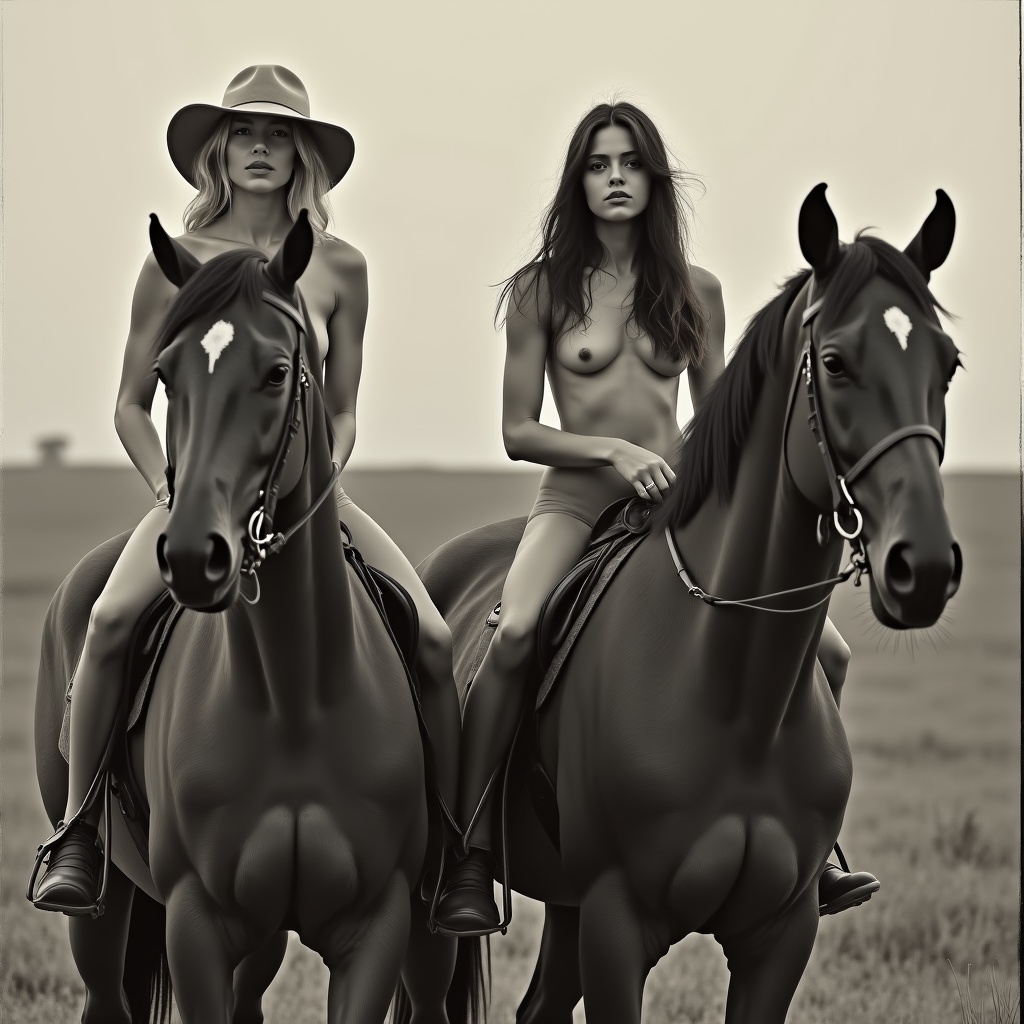 AI generated image by FLUX.1: I want to generate å photographic art nude of two mid twenties women sitting on horses.