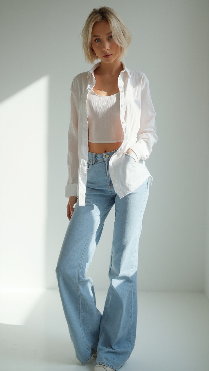AI generated image by FLUX-Realism-Lora: Full-body portrait of a realistic Russian woman, 20years old, light blond bob haircut, blue eyes, fit body (90-60-90), casual modern outfit (jeans, white shirt), standing confidently in a minimalist studio with soft shadows. Realistic photography, Canon EOS R5, ISO 100, natural skin tones, professional lighting, fashion editorial style.