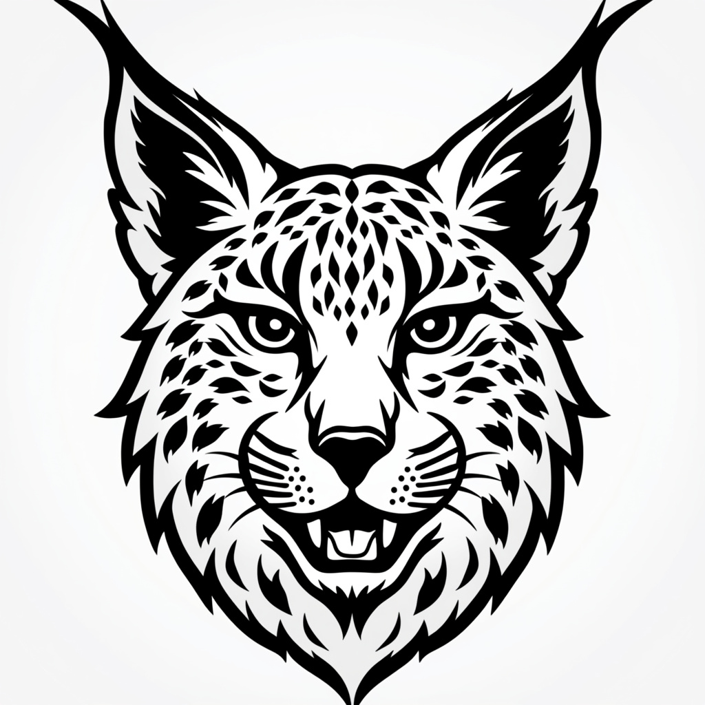 AI generated image by FLUX.1-pro: a realistic and simple logo symbol featuring a Eurasian Lynx with long ears and a small face, shown in a natural yet wild expression. The lynx has black-and-white, leopard-like patterns on its fur, rendered in a clean, minimalist, vector-based style. Use simple, bold, and symmetrical black lines on a white background. The logo should convey strength and athleticism, with sharp, clean lines ideal for sports club branding.