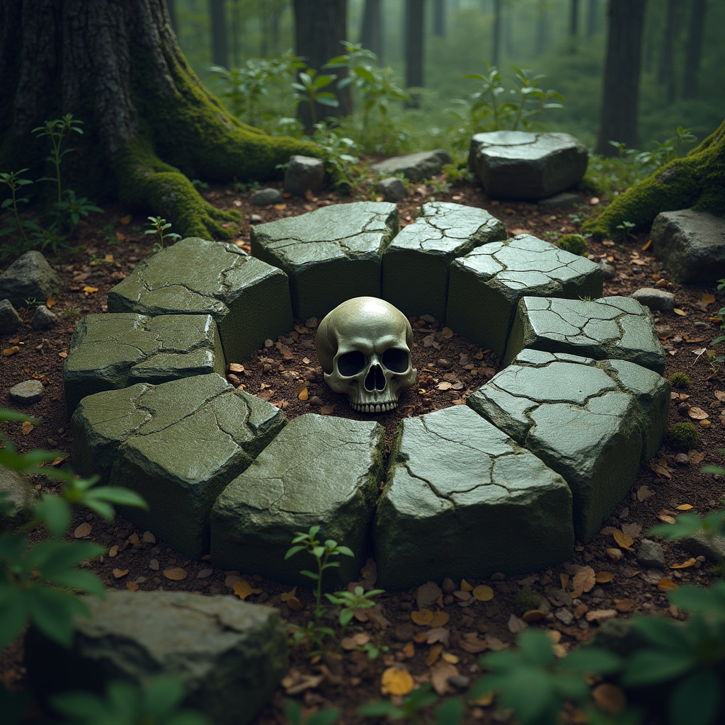 AI generated image by FLUX.1-pro: A Circle of Stone with a Skull in the Center in a Forest