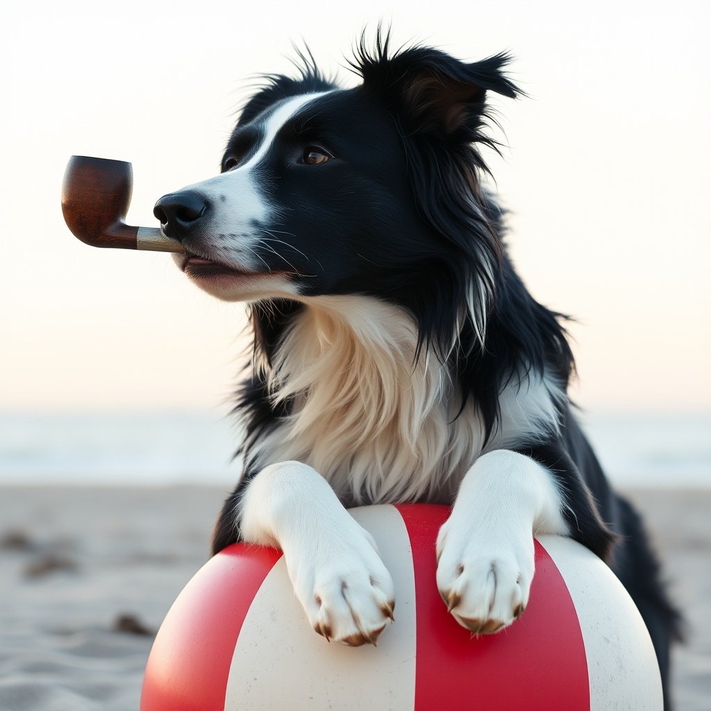 AI generated image by FLUX.1-schnell: A black and white border collie stunning on a striped beach ball while smoking a pipe 