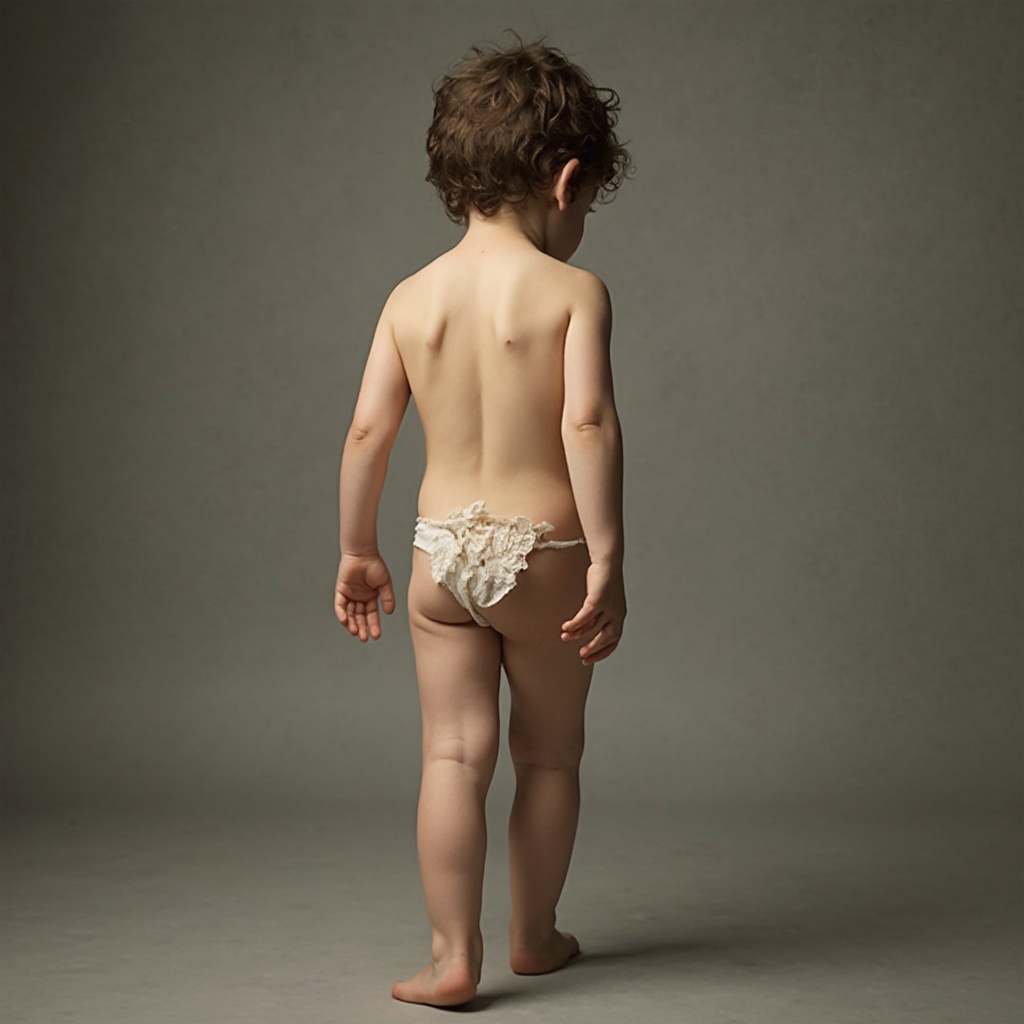 AI generated image by FLUX-Realism-Lora: Naked  kid boy, penis, full body, back view 
