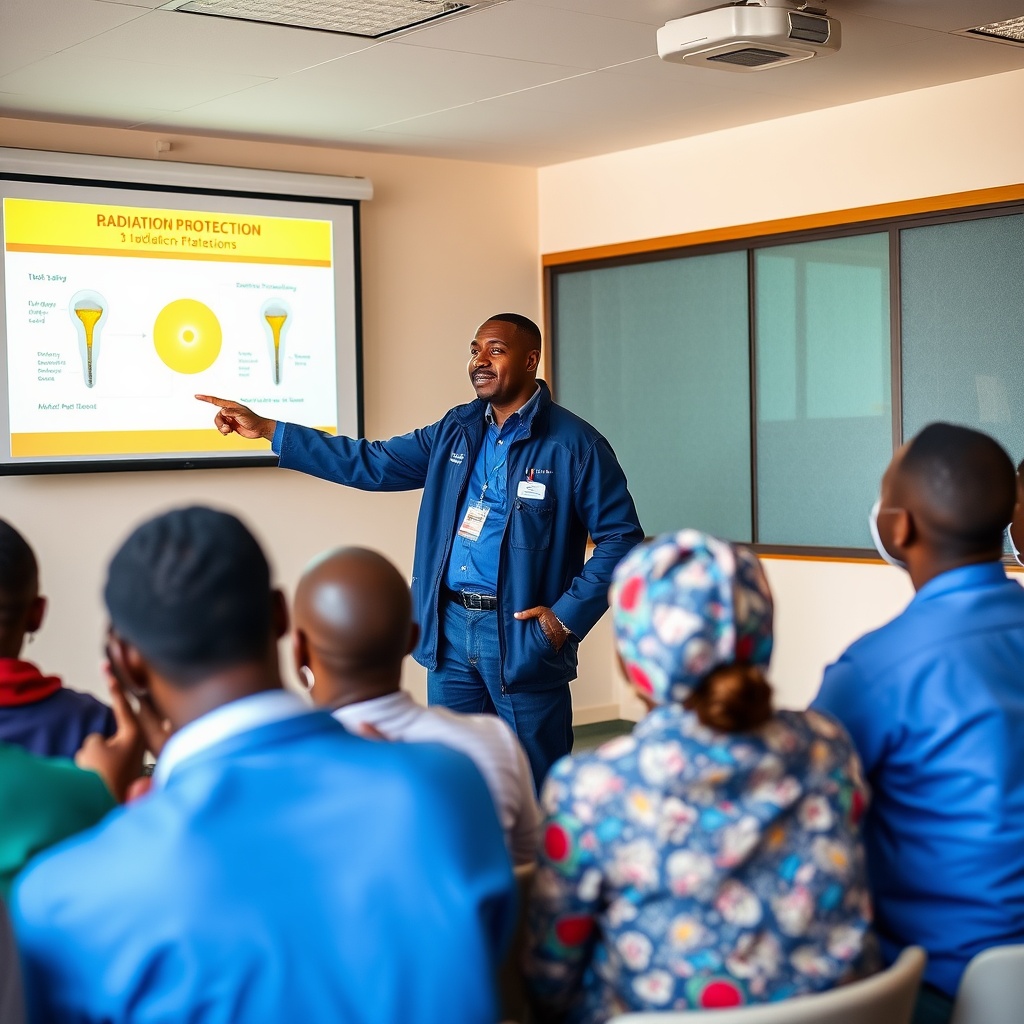 AI generated image by FLUX.1-schnell: A photographic image of a realistic picture of a 35 year old Ugandan man, normal stature, well kempt hair, professional looking, conducting a radiation safety training. He is in a navy blue jacket presenting to a diverse group of healthcare professionals in a modern training room. The whole audience are ugandan medical professionals. Projection screen showing radiation protection diagrams, trainer pointing to the screen in an expressive and fun way. Engaging educational setting in Uganda. The audience is alert and attentive