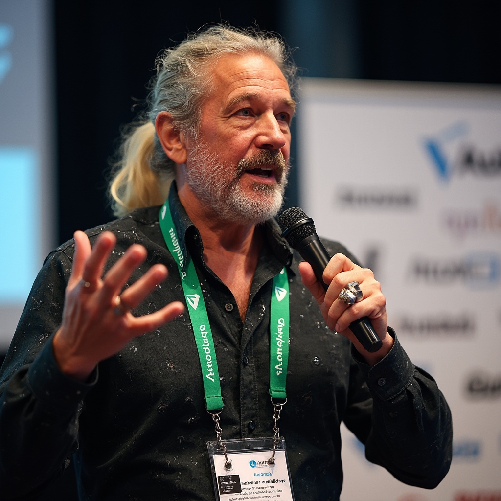 AI generated image by FLUX-Realism-Lora: A charismatic speaker is captured mid-speech. He has long, slightly wavy blonde hair tied back in a ponytail. His expressive face, adorned with a salt-and-pepper beard and mustache, is animated as he gestures with his left hand, displaying a large ring on his pinky finger. He is holding a black microphone in his right hand, speaking passionately. The man is wearing a dark, textured shirt with unique, slightly shimmering patterns, and a green lanyard with multiple badges and logos hanging around his neck. The lanyard features the "Autodesk" and "V-Ray" logos prominently. Behind him, there is a blurred background with a white banner containing logos and text, indicating a professional or conference setting. The overall scene is vibrant and dynamic, capturing the energy of a live presentation.