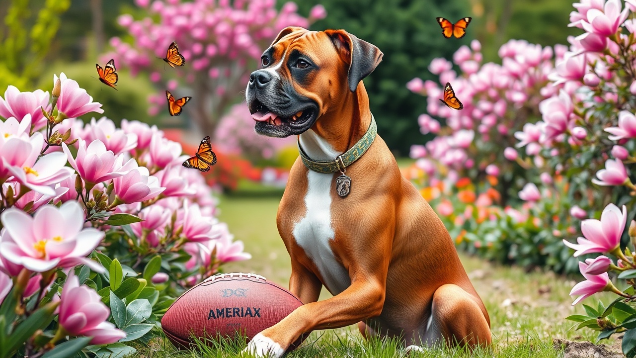 AI generated image by FLUX.1-schnell: A beautiful full body image of a brown boxer dog with a dog name tag which says Ajax on it's collar, he is all brown with a white chest and white front paws , he sits happy in a pink magnolia flower  garden with  butterflies flying and a detailed american football under it's front paw, surrounded by beautiful flowers, bushes, trees and greenery just curiously looking at the butterfly.







