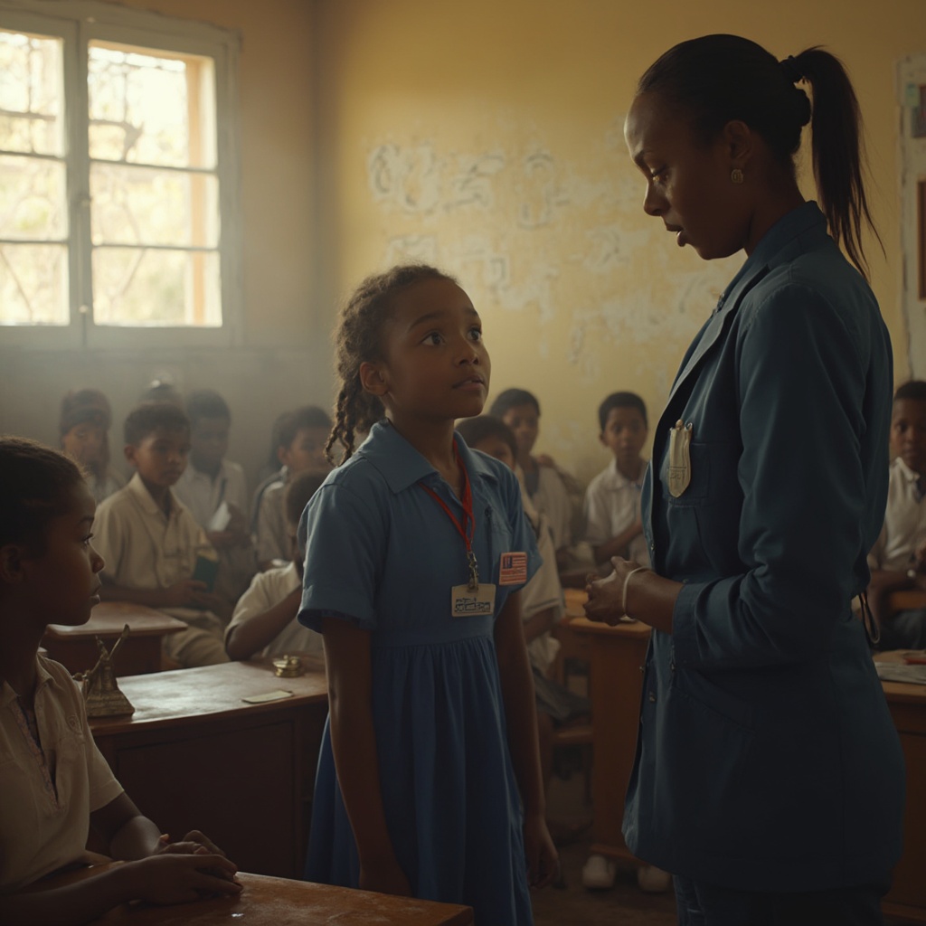 AI generated image by FLUX-Realism-Lora: Una niña negra de unos 10 años, de expresión triste pero con mirada decidida, está de pie al frente de un aula escolar. Detrás de ella, compañeros de clase la miran sorprendidos. A su lado, entra una mujer negra adulta, elegante, vestida con chaqueta azul marino y credencial de la NASA colgando del cuello. El aula tiene una pizarra al fondo que dice “¿Qué hacen tus padres?”. La luz del sol entra por una ventana, iluminando a la madre como figura poderosa. La niña mira hacia ella con orgullo. El contraste entre la duda del aula y la seguridad de la madre crea una atmósfera emotiva e inspiradora.

Estilo sugerido: realista, cinematográfico, tonos cálidos y profesionales.