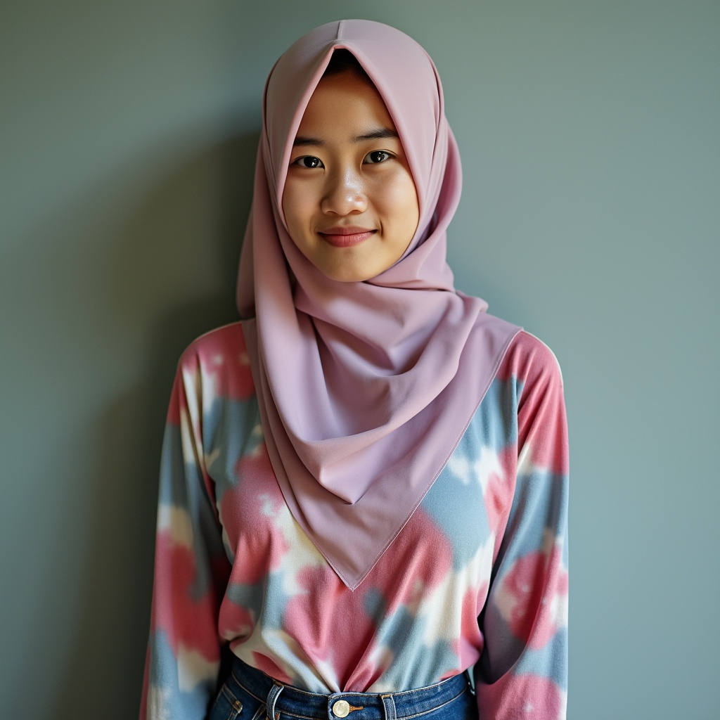 AI generated image by FLUX.1-pro: Young malay woman, wearing tiedye long sleeve, long triangle hijab covering her chest. 