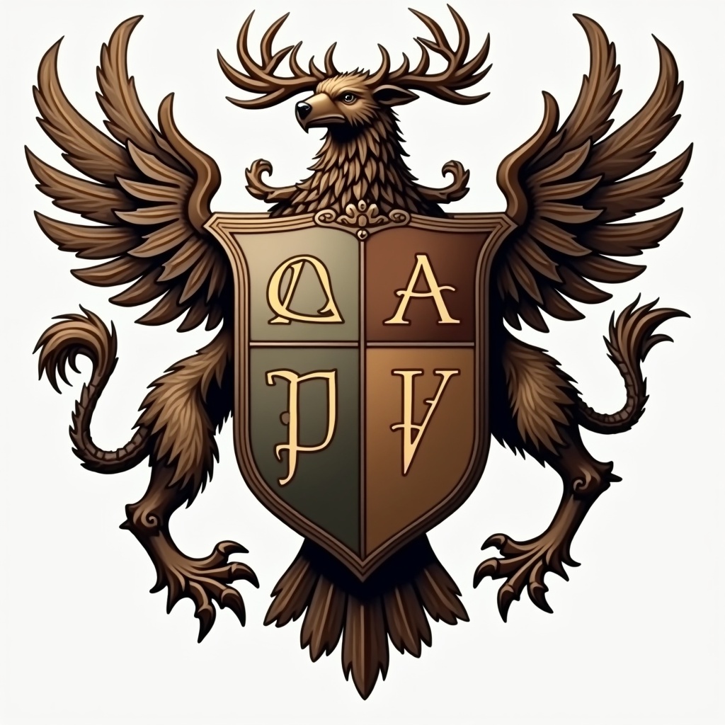 AI generated image by FLUX.1: Créer une image représentant un armorial sous une forme de bouclier diviser en 4 parties, exposant en haut a gauche le symbole alpha en majuscule, en bas a gauche un loup, en haut a droite un corbeau et en bas a droite le symbole Omega en majuscule