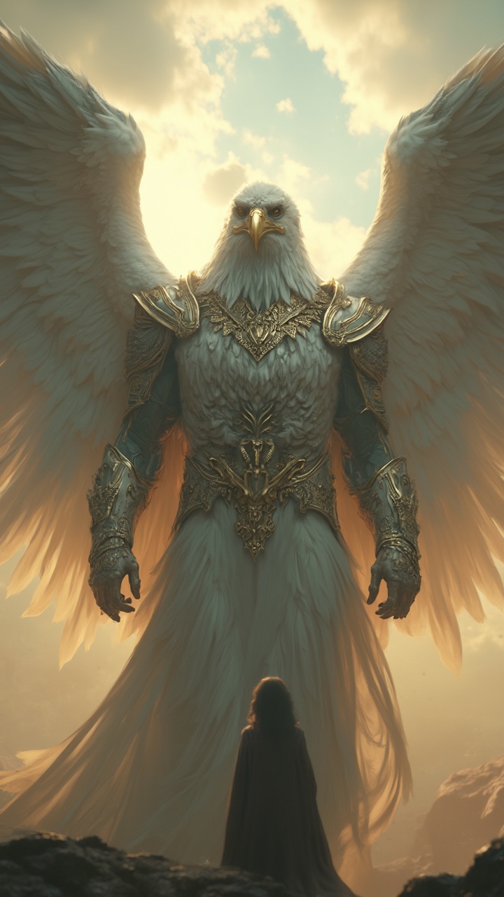 AI generated image by FLUX-Realism-Lora: Ultra-detailed fantasy, hyper-realistic 9:16 cinematic low-angle shot of an imposing, god-like angelic being with the head of a majestic eagle covered by an ornate golden mask. The angel has massive, feathered white wings and wears intricate white and gold armor with fine filigree details, glowing with divine light. In the foreground, a small blurry human figure in a simple robe looks up in awe. The background is a vast heavenly landscape beneath a dramatic, storm-lit sky. Hyper-realistic, emotional, awe-inspiring atmosphere.