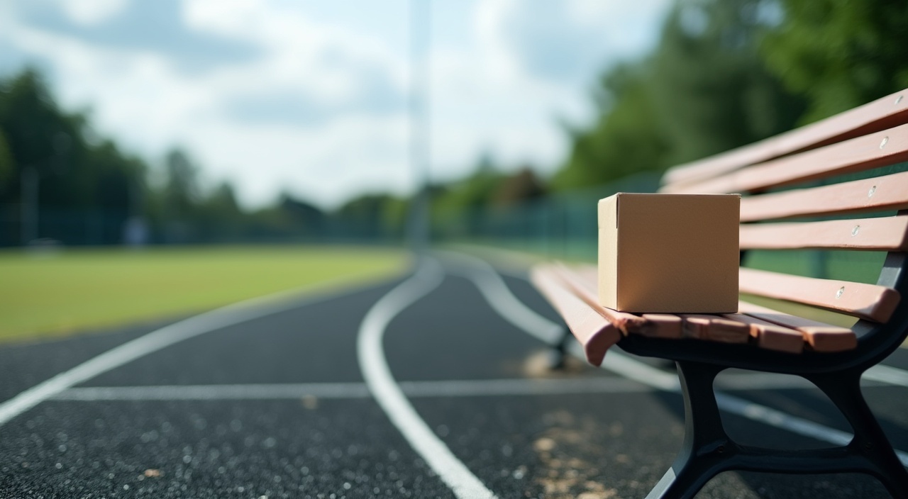 AI generated image by FLUX.1-pro: A realistic photograph of a small box sitting on an angled metal bench with a running track in the background. The bench with the box should take up the lower right corner of the composition, while the track and scenery takes up the upper left two thirds of the composition. The track itself should take up as much of the background as possible while still looking realistic in perspective. The running track is made of black rubber turf with white stripes, and the curved part of the track is what is visible to the camera. The photo should include sky and trees off in the far distance with lens blur, while the box and the bench should be in full focus. 