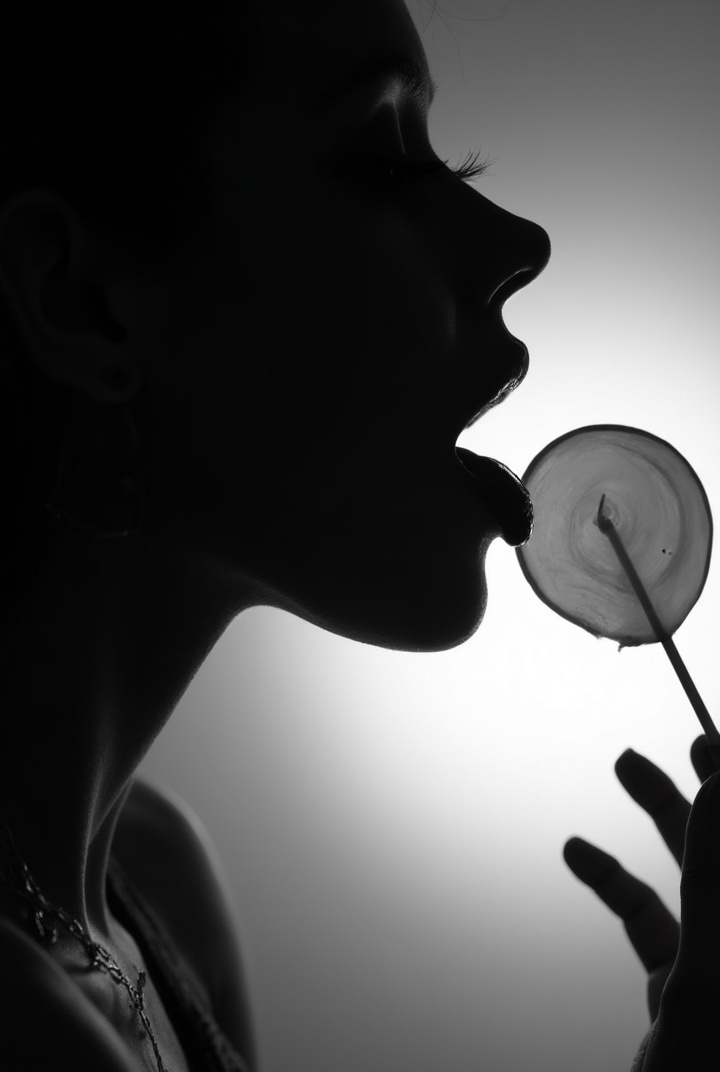 AI generated image by FLUX-Realism-Lora: Black and white semi-silhouette profile photo of a beautiful woman licking lollipop with her tongue. The lips wet and shining. Studio lighting 