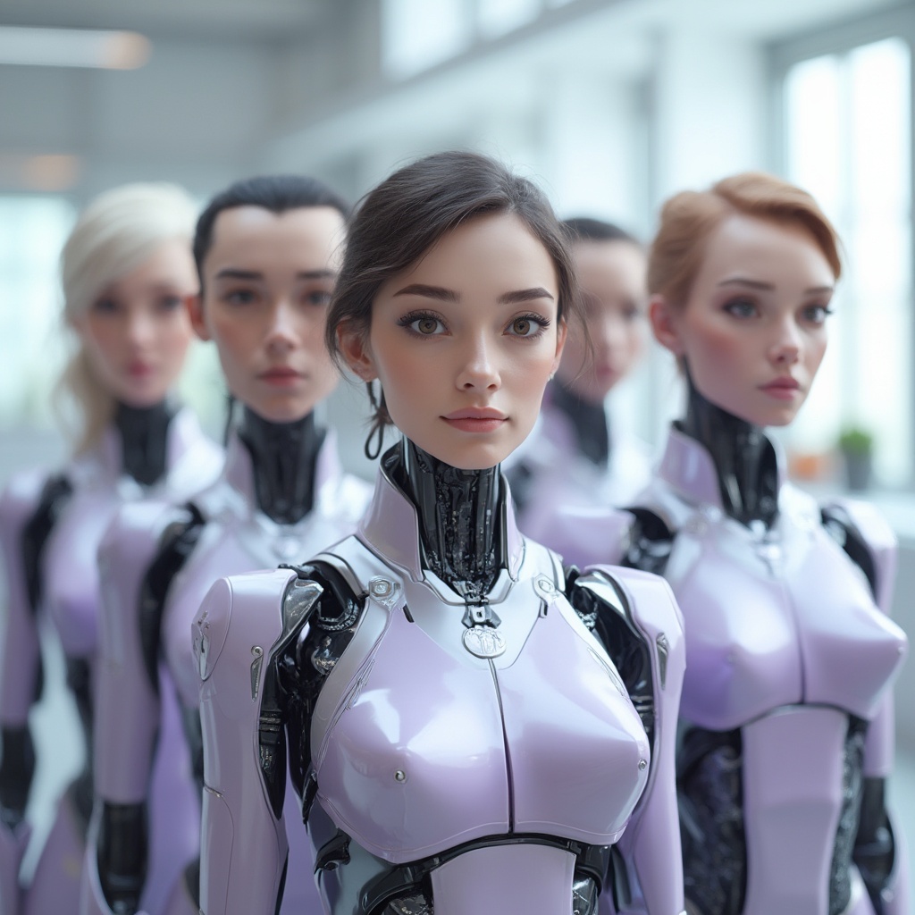 AI generated image by FLUX-Realism-Lora: A photorealistic image of a professional team of humanoid robots with human heads, designed for a futuristic and approachable “Contact Us” section of a website. Each humanoid has a unique human head, ensuring diversity with men and women of different ages and ethnicities. The faces are highly detailed, with natural skin textures, expressive eyes, and visible hair that seamlessly integrates with their robotic forms. Make sure that man is on the front line 

They are standing in a group formation, positioned slightly behind each other, creating a professional and dynamic team structure. Their android bodies have a sleek, modern design, with smooth metallic plating and subtle technological elements.

The team members are dressed in elegant, lightly purple uniforms, blending futuristic fashion with professionalism. The uniforms have subtle metallic accents, high-tech seams, and an ergonomic fit, symbolizing trust, innovation, and assistance.

The background is bright and modern, with a clean, minimalistic aesthetic and soft lighting. It may include elements like a futuristic office, digital holograms, or a clean white tech-space, ensuring the team looks inviting, high-tech, and ready to assist.

The composition conveys warmth, intelligence, and professionalism, making the team feel both highly advanced and approachable. Each humanoid team member has a unique expression, looking directly at the viewer as if they are ready to help. The image should be ultra-realistic, with sharp details, lifelike facial textures, and high-tech aesthetics, ensuring a premium and futuristic corporate identity